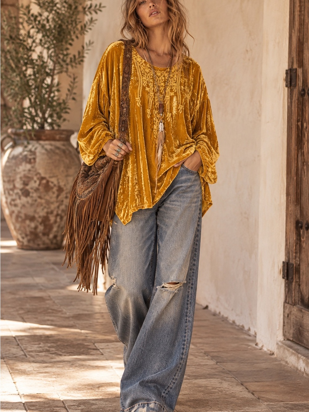 Johnny Was Antonella Golden Yellow Crushed Velvet Embroidered Floral Tunic Top🌻M